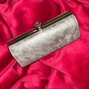 Kate Landry Silver Snake-Embossed Clutch with Crystal Clasp
